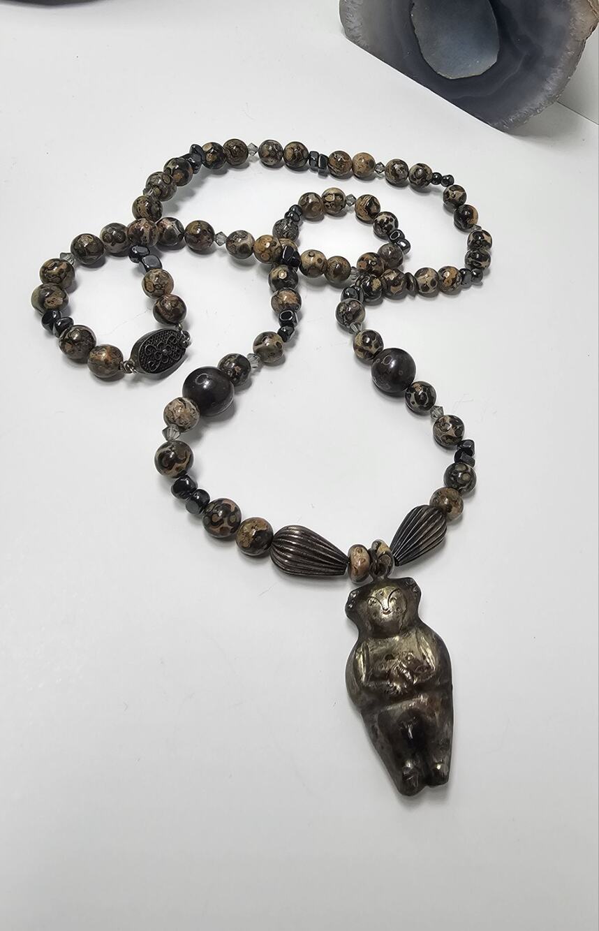 Antique Chinese Male Fertility Sterling Silver & Jasper Necklace Size: 26"